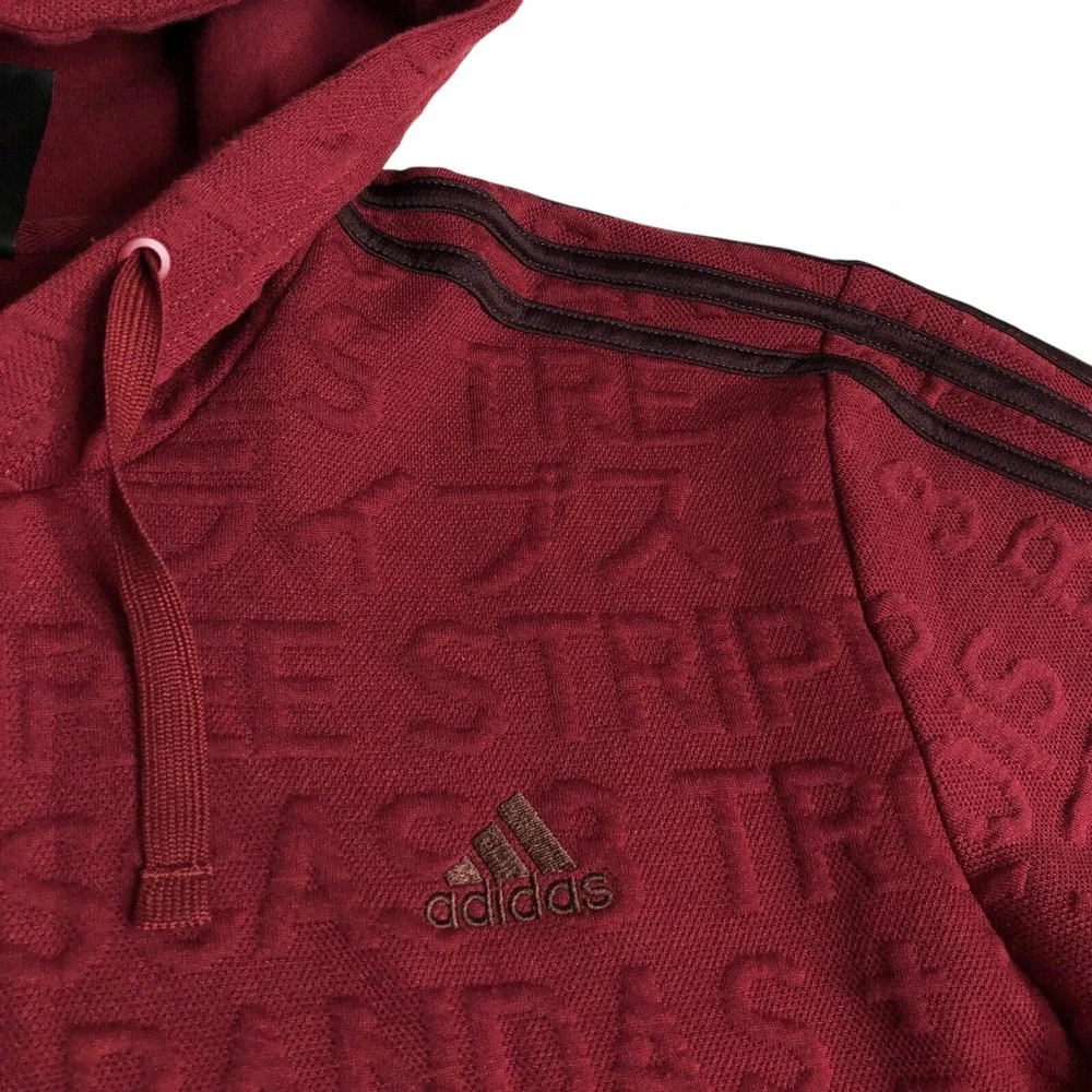 Adidas Hoodie Sweatshirt Mens XL Red Maroon 3 Stripe Embossed Pockets Pullover